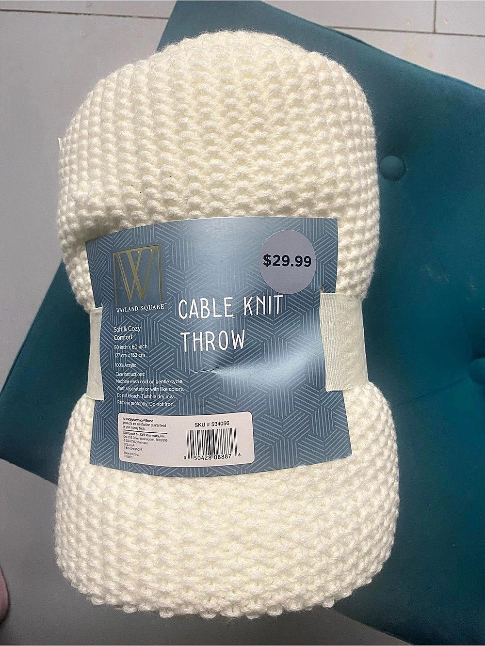Wayland square Cable Knit Throw in Cream NWT